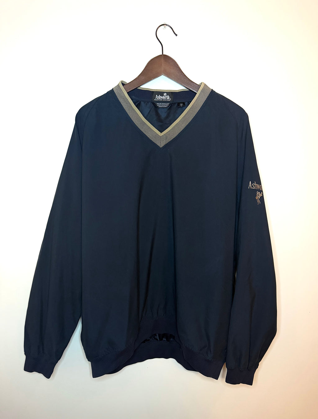 Ashworth windbreaker — deep blue, gold trim (L)