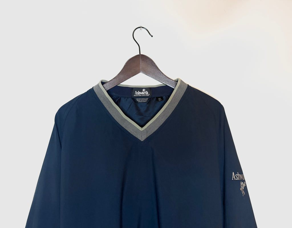 Ashworth windbreaker — deep blue, gold trim (L)