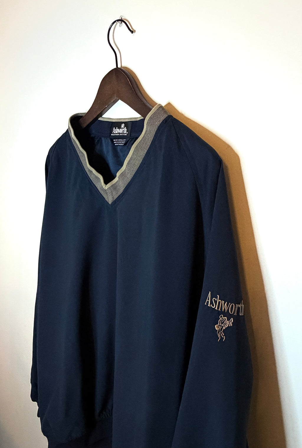 Ashworth windbreaker — deep blue, gold trim (L)