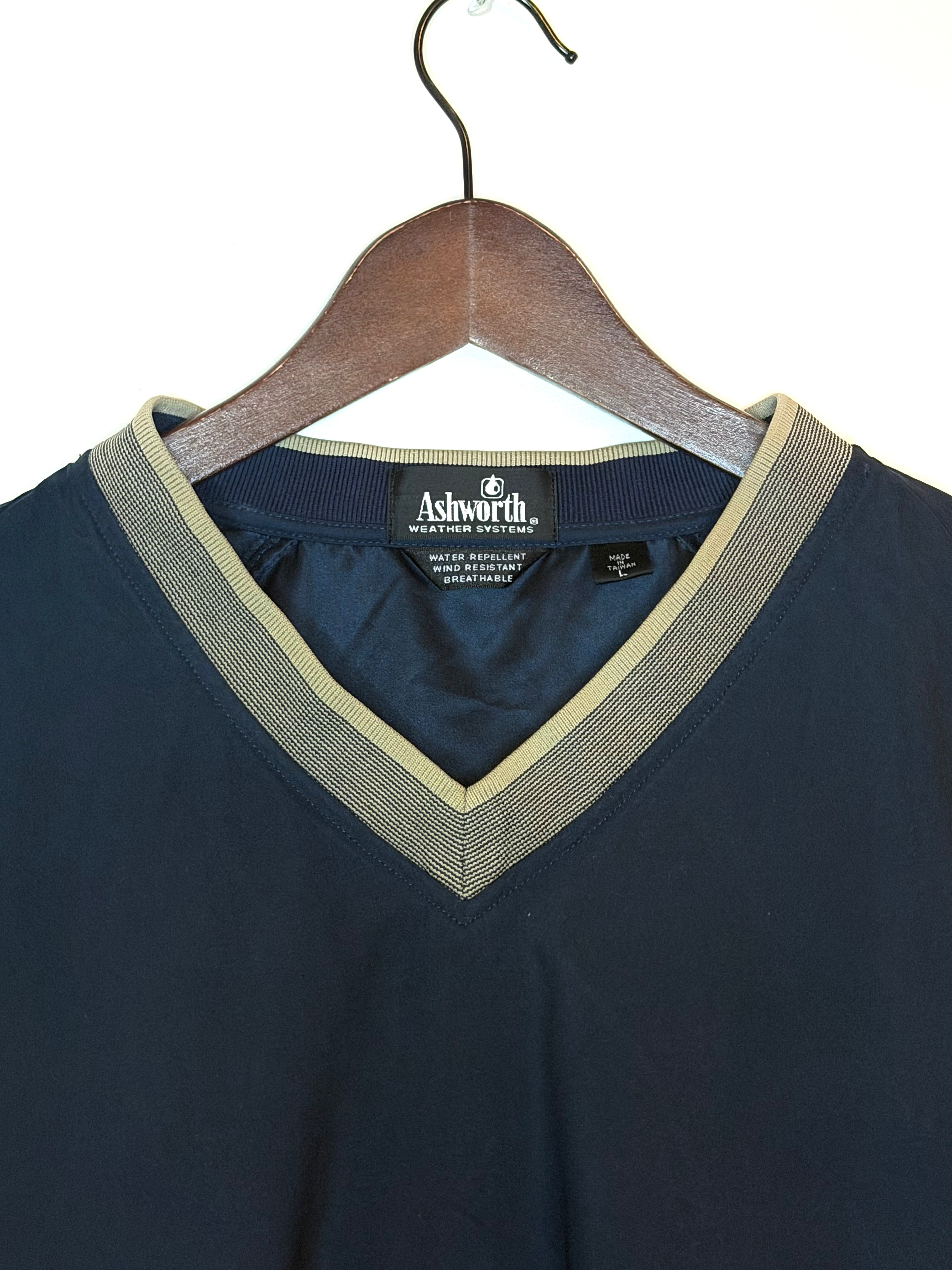 Ashworth windbreaker — deep blue, gold trim (L)